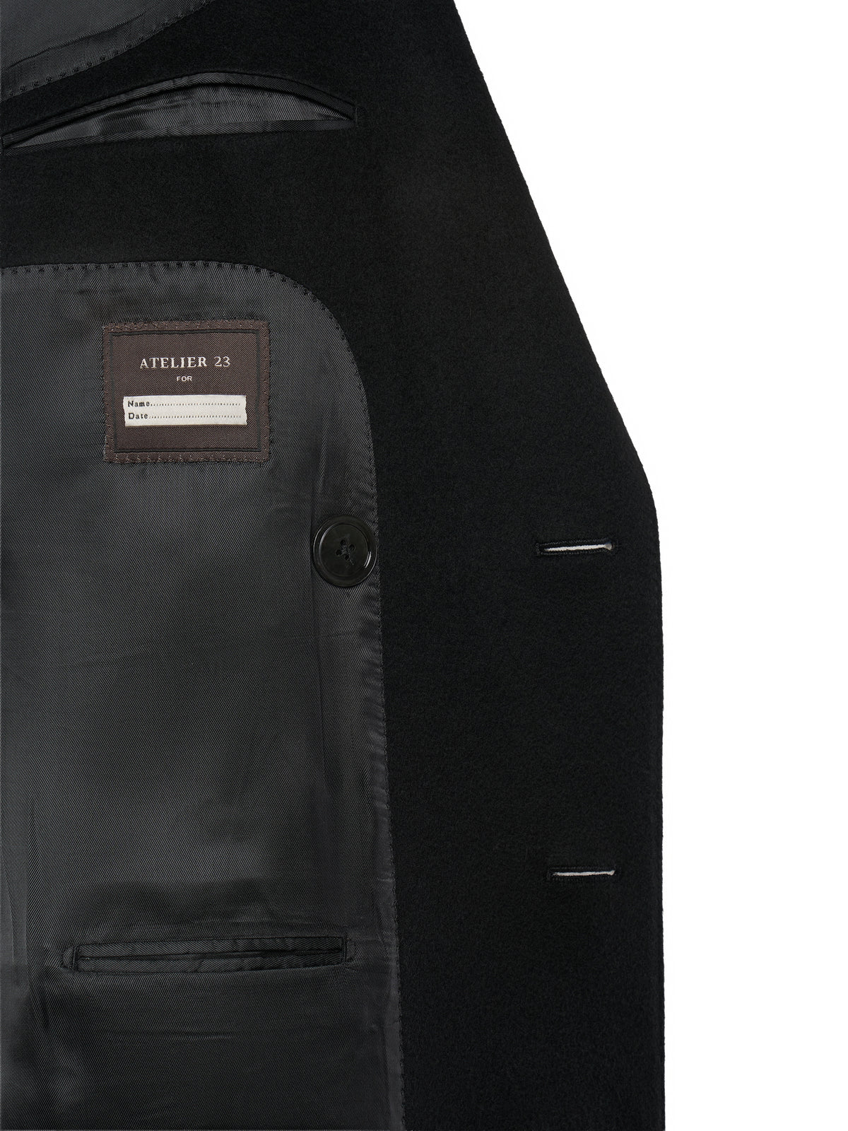 Viscose lining of the black single-breasted overcoat