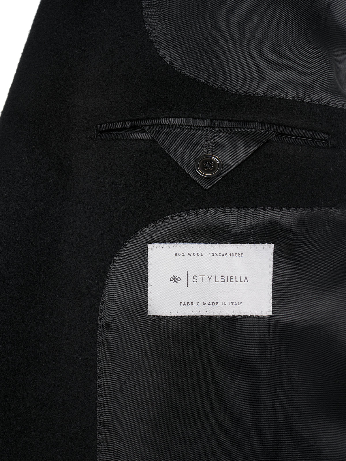Lining and Stylbiella wool and cashmere label inside the overcoat