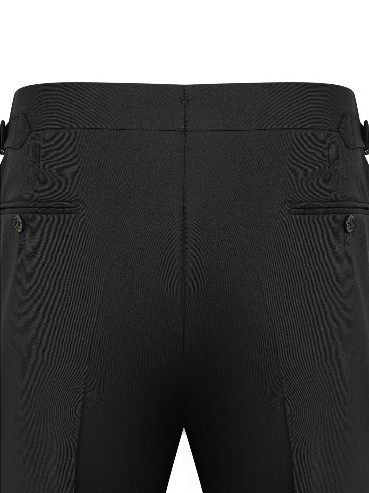 Back pockets of the black tuxedo trousers, Italian wool
