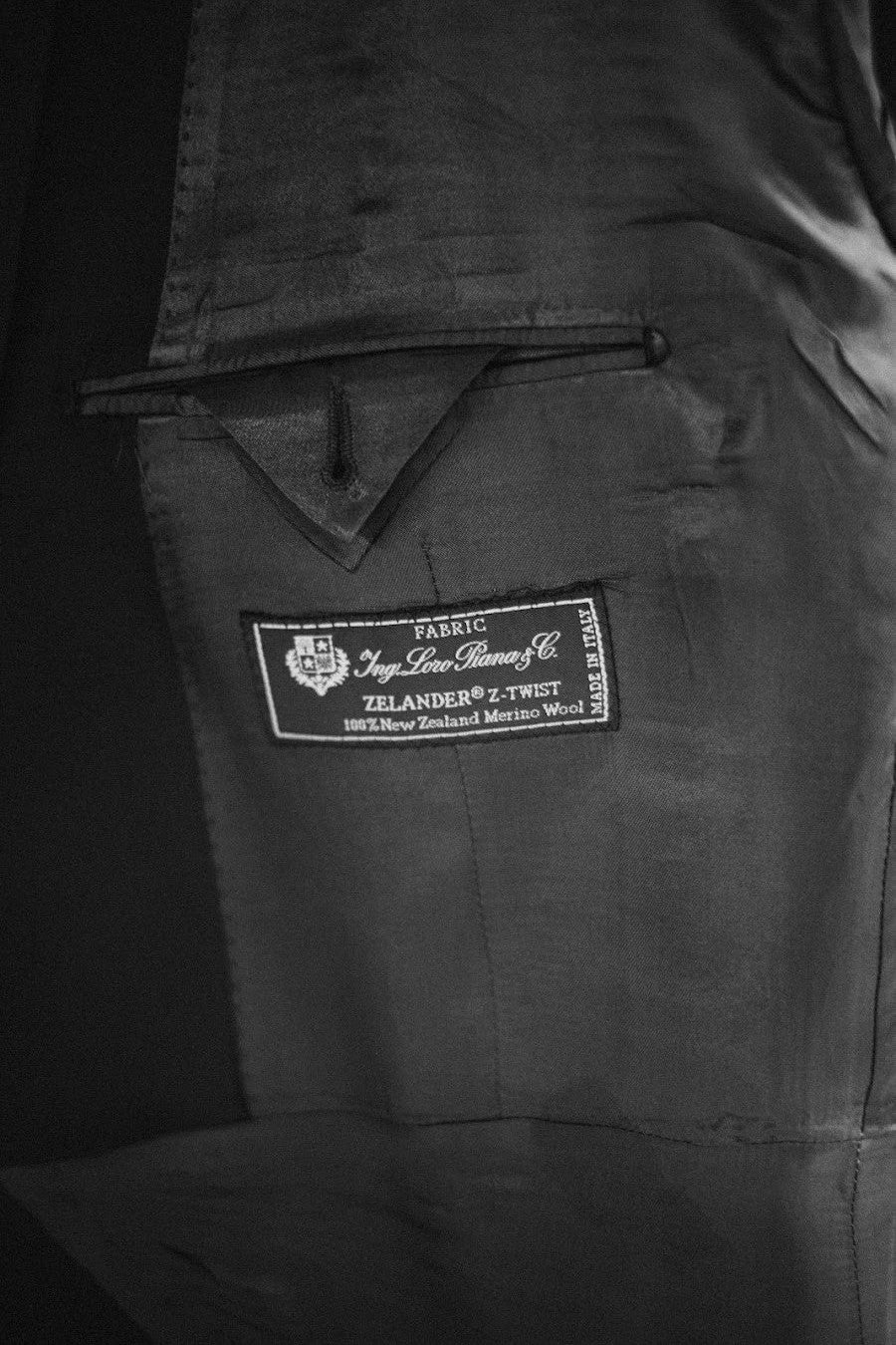 Loro Piana cloth label sewn inside a finished jacket