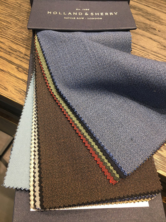 Mostruário Holland & Sherry com a etiqueta de Savile Row