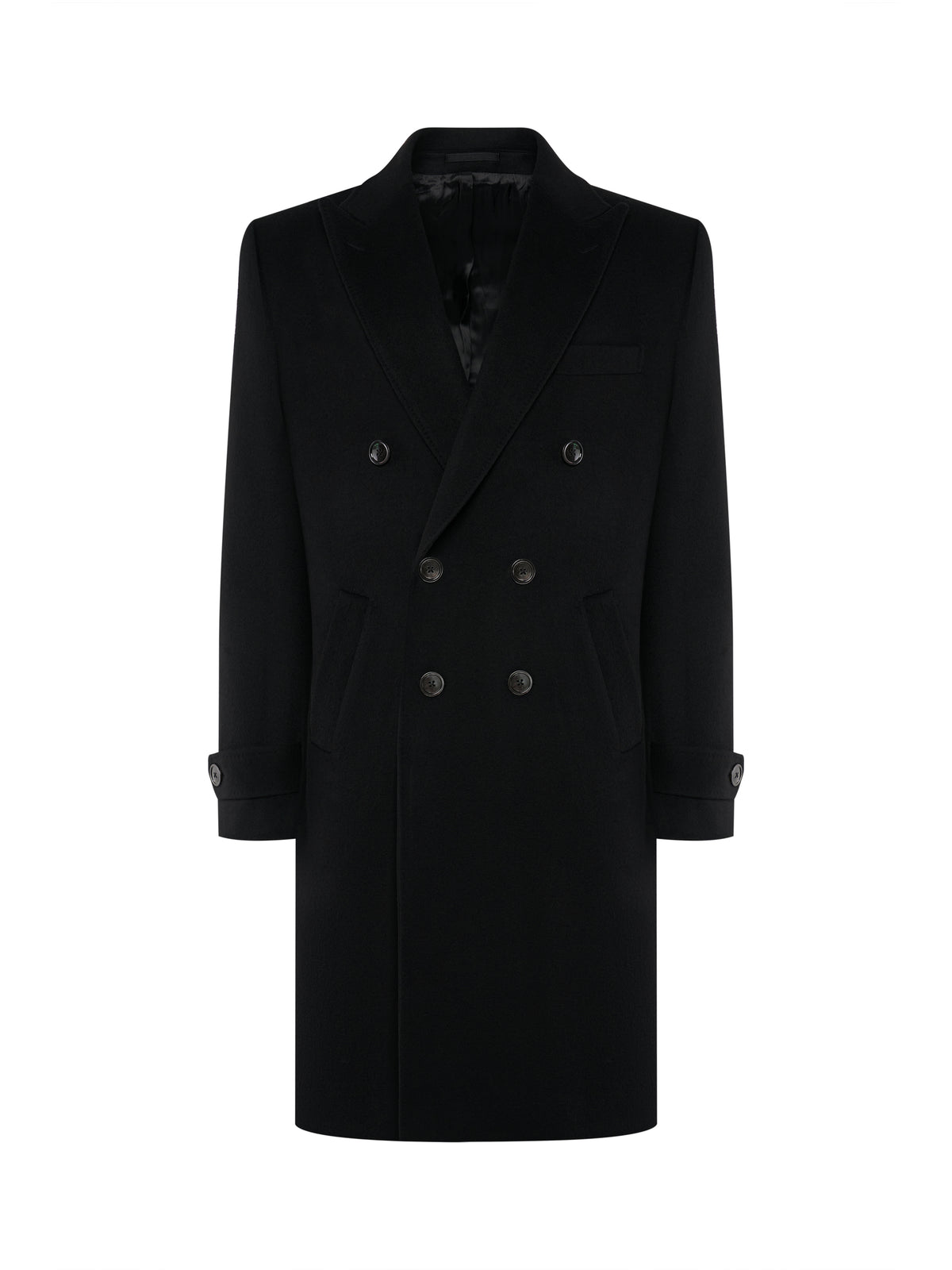 Black double-breasted overcoat in wool and cashmere, front view | ATELIER 23