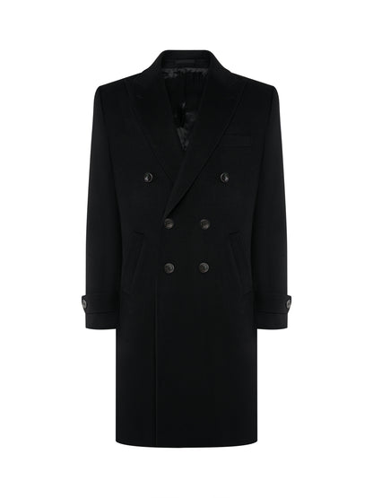 Black double-breasted overcoat in wool and cashmere, front view | ATELIER 23