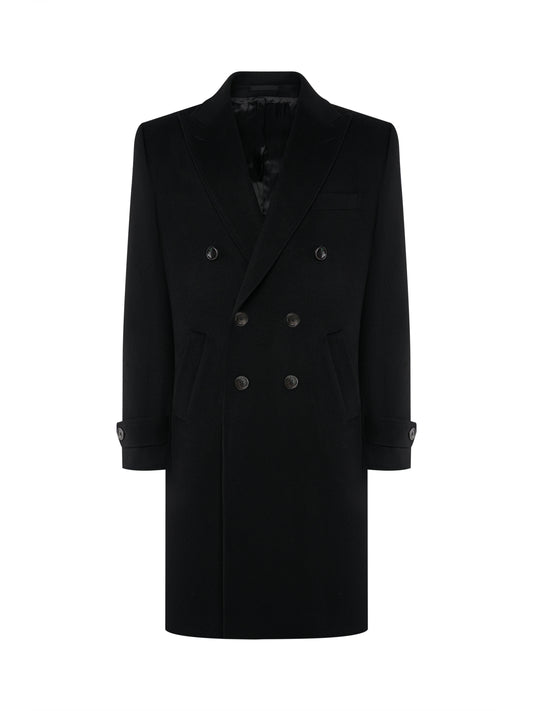 Black double-breasted overcoat in wool and cashmere, front view | ATELIER 23