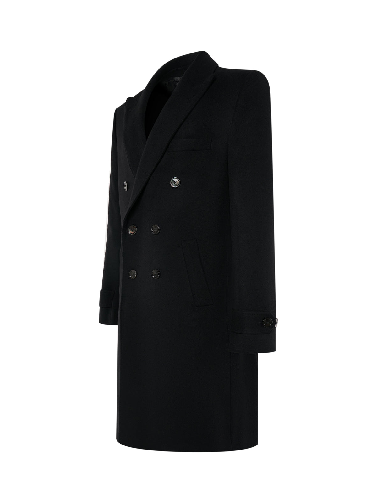 Black six-button double-breasted overcoat, side view