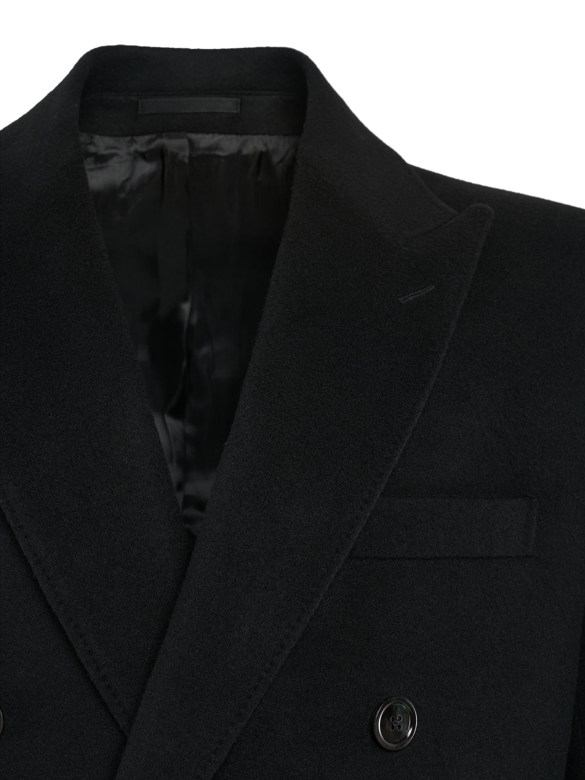 Peak lapel of the black double-breasted overcoat