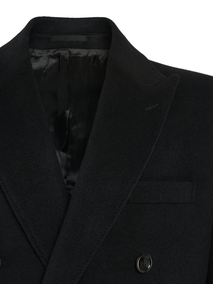 Peak lapel of the black double-breasted overcoat