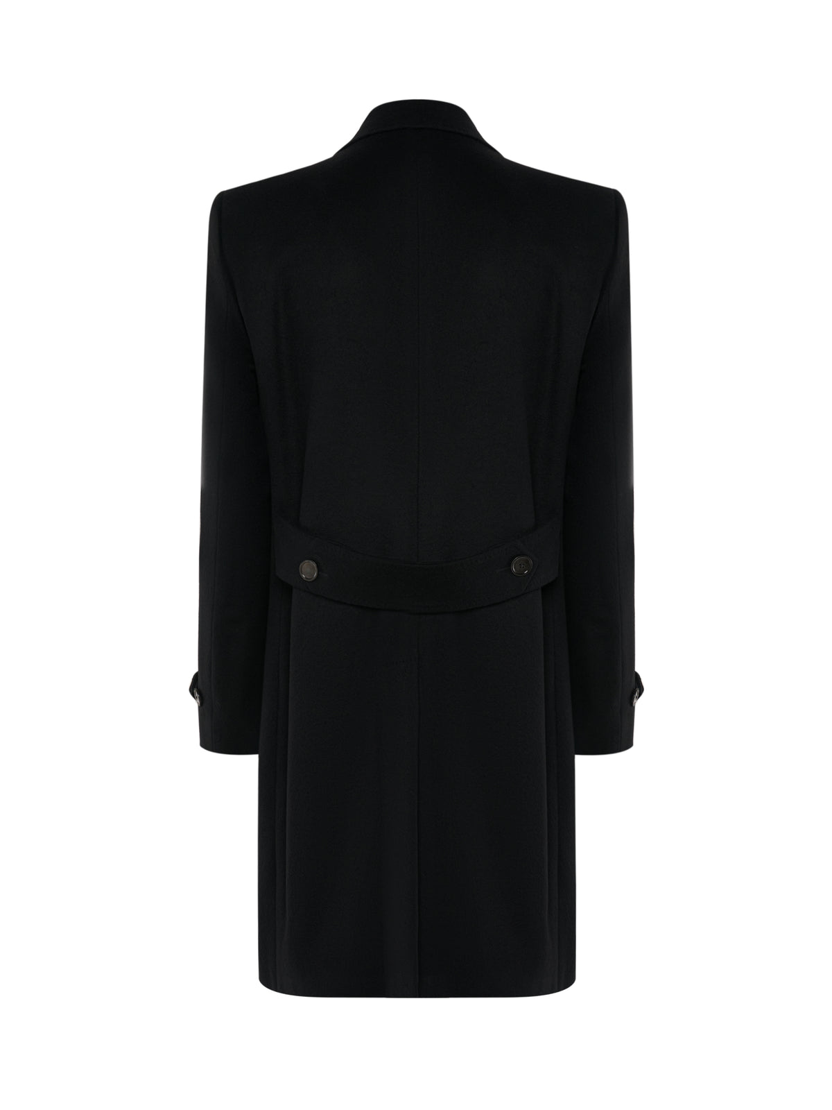 Back of the black double-breasted overcoat with half belt and vent
