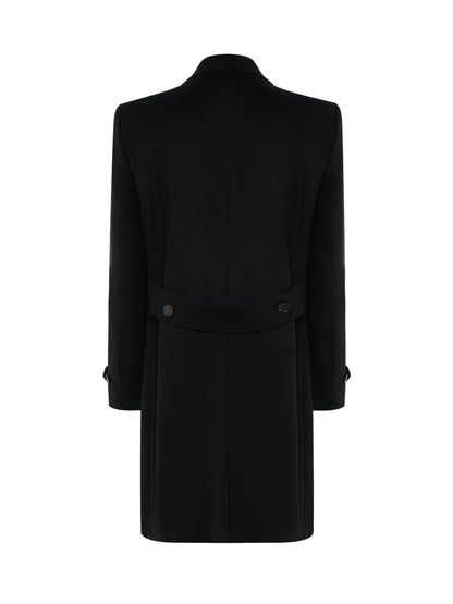Back of the black double-breasted overcoat with half belt and vent