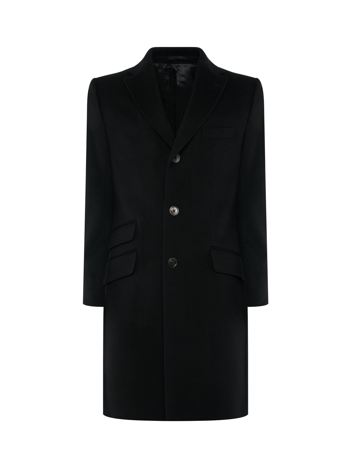 Black single-breasted overcoat in wool and cashmere, front view | ATELIER 23