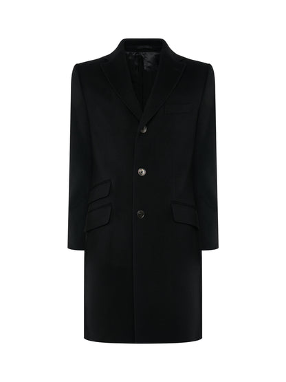 Black single-breasted overcoat in wool and cashmere, front view | ATELIER 23