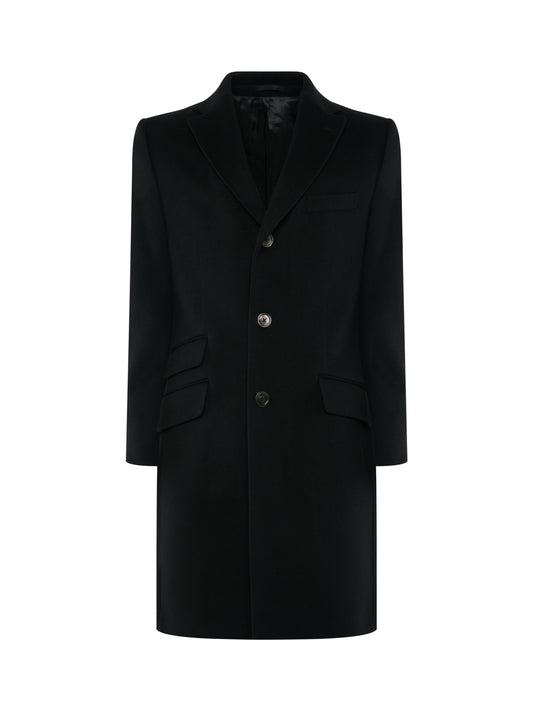Black single-breasted overcoat in wool and cashmere, front view | ATELIER 23