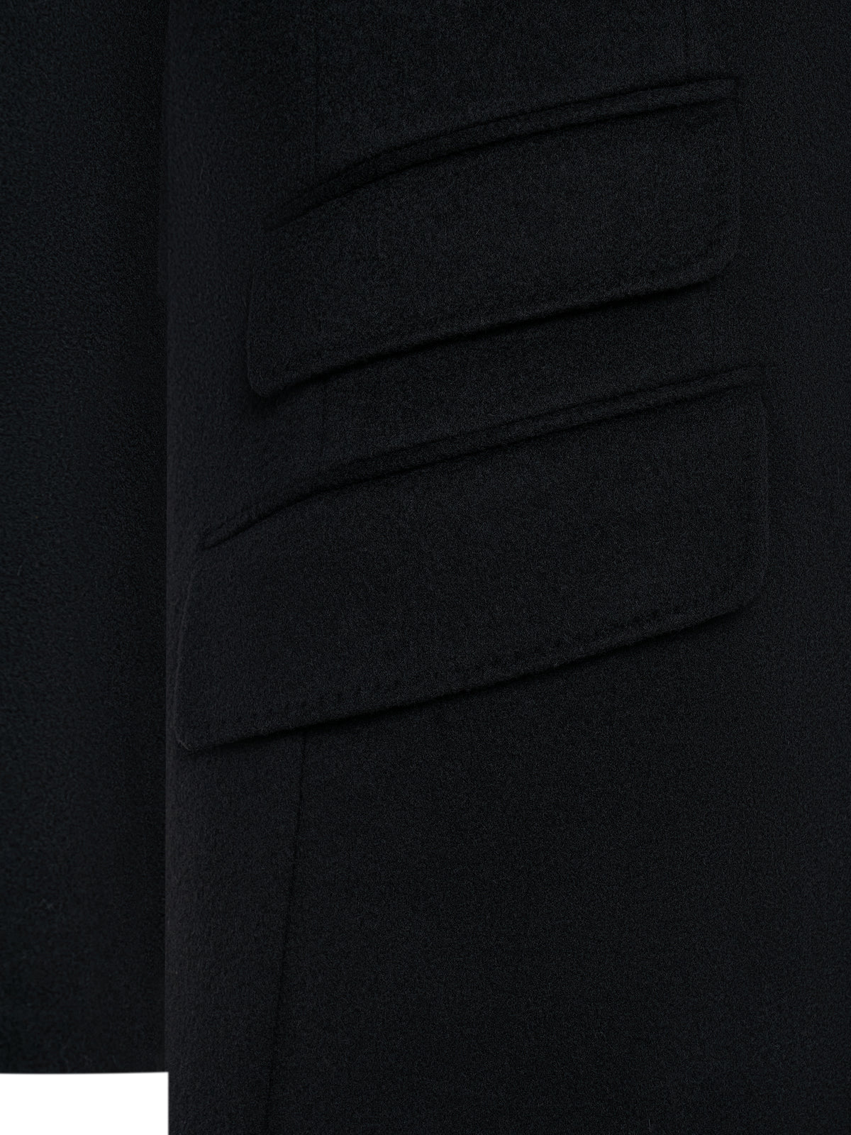 Flap pocket and ticket pocket on the black overcoat