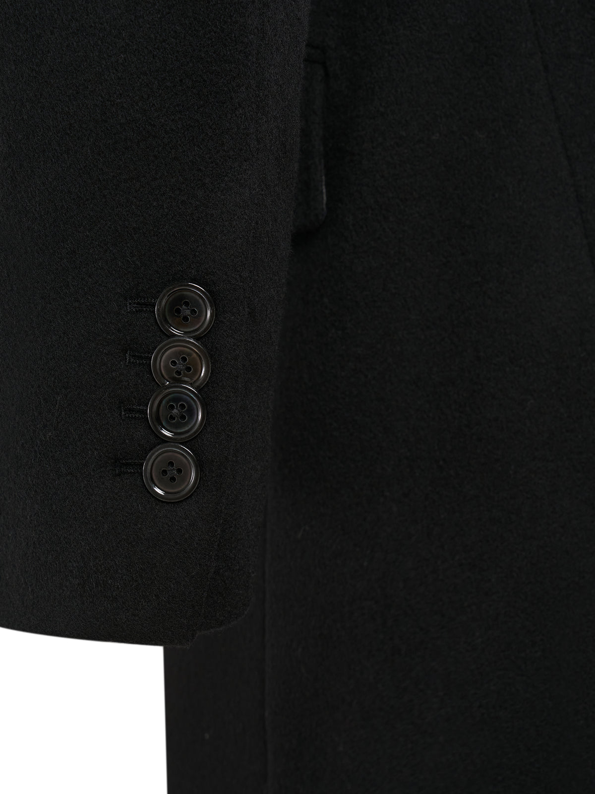 Four-button cuff of the black wool and cashmere overcoat