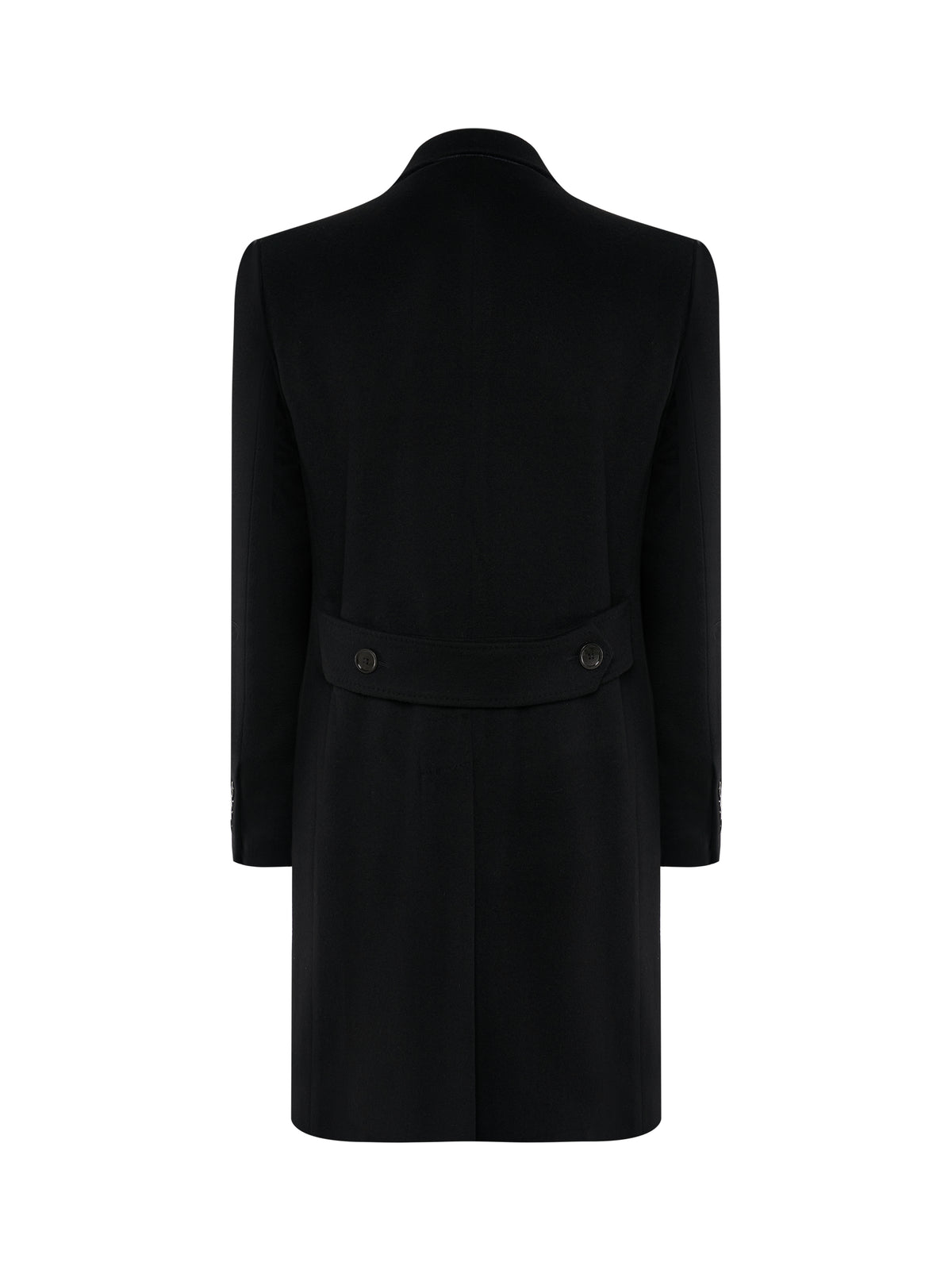 Back of the black single-breasted overcoat with half belt and vent
