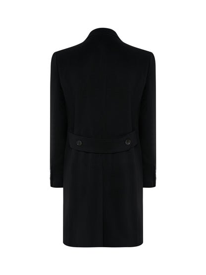 Back of the black single-breasted overcoat with half belt and vent