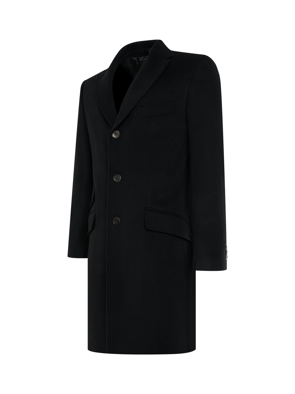 Black three-button overcoat, side view | ATELIER 23
