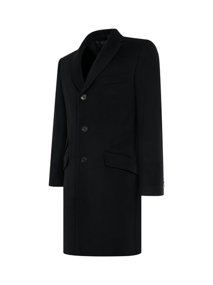 Black three-button overcoat, side view | ATELIER 23