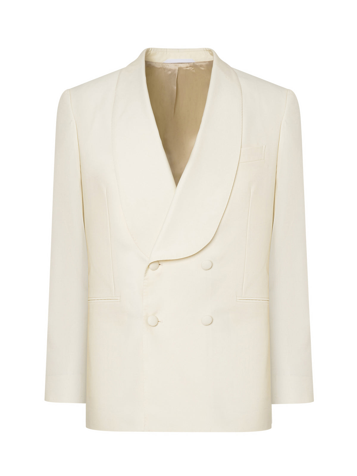 Ivory shawl lapel tuxedo jacket, double-breasted, front view — ATELIER 23