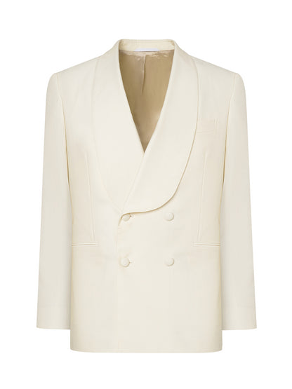 Ivory shawl lapel tuxedo jacket, double-breasted, front view — ATELIER 23