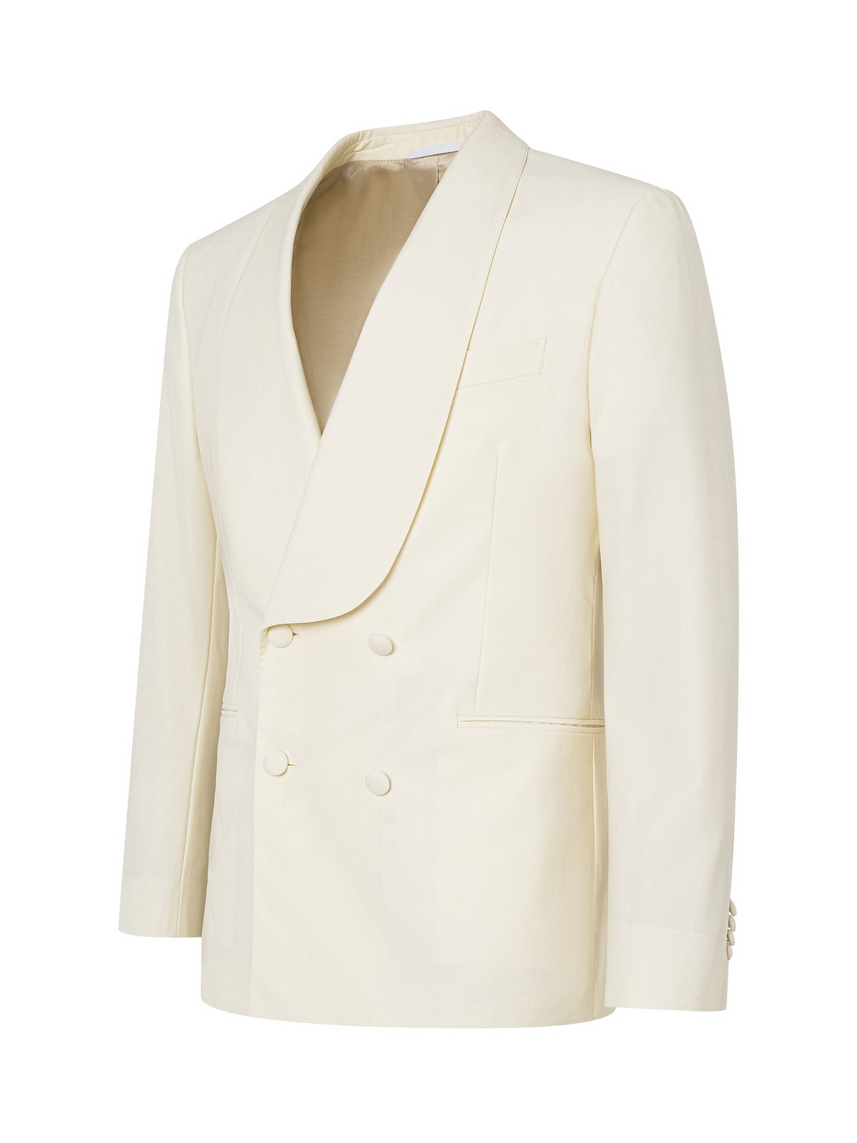 Ivory double-breasted tuxedo jacket with shawl lapel, three-quarter view — ATELIER 23