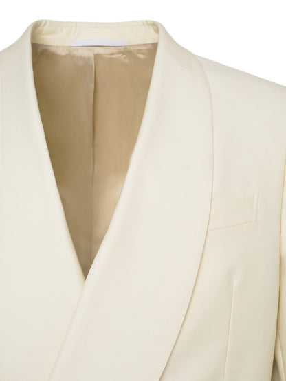 Shawl lapel detail of the ivory tuxedo jacket, Italian Super 130s wool