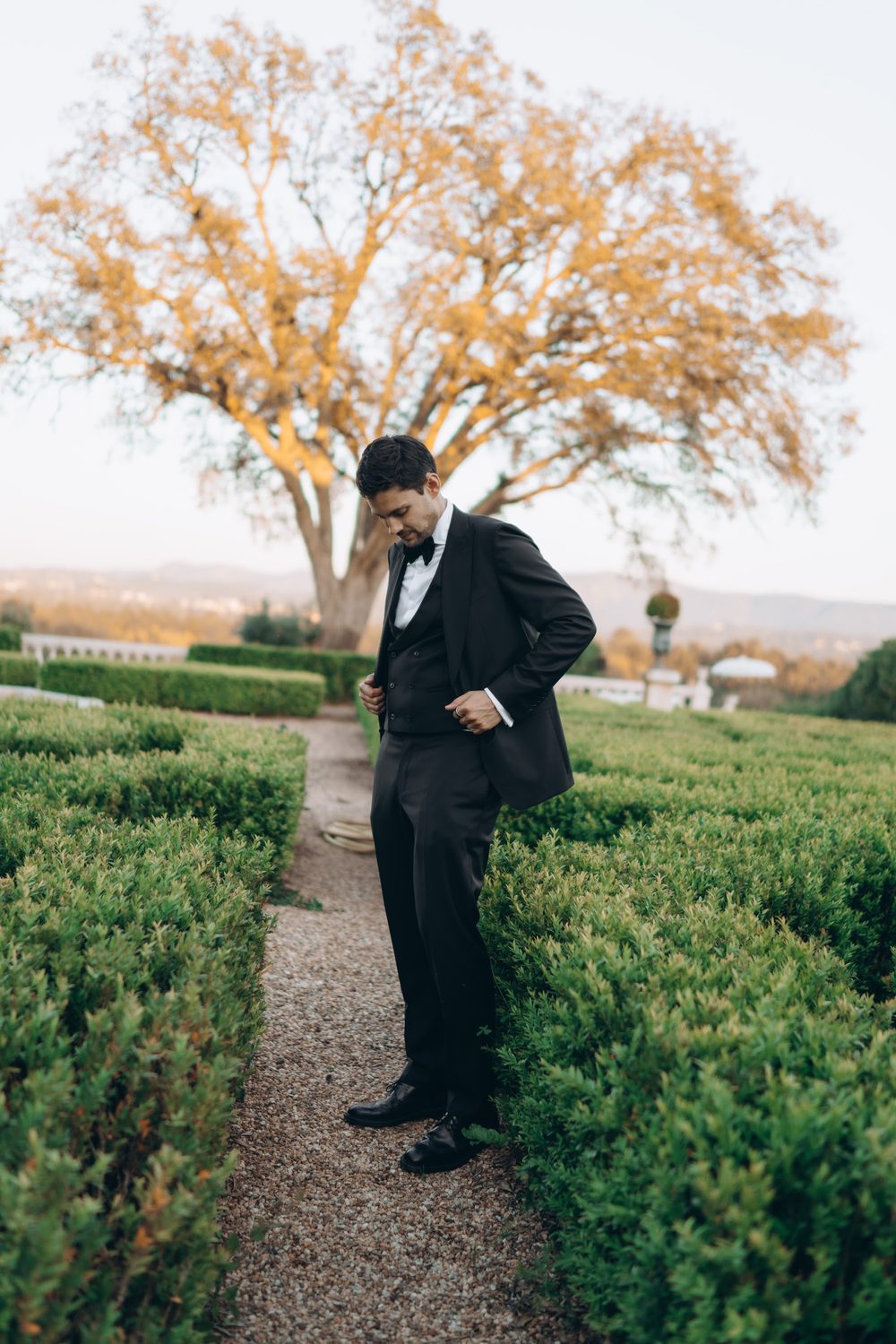 Groom in a black suit in a garden